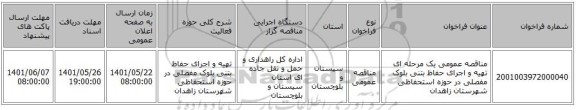 مناقصه، مناقصه عمومی یک مرحله ای تهیه و اجرای حفاظ بتنی بلوک مفصلی در حوزه استحفاظی شهرستان زاهدان