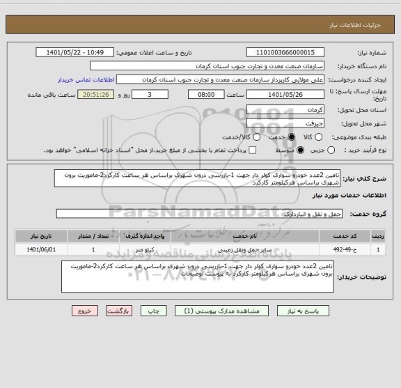 استعلام تامین 2عدد خودرو سواری کولر دار جهت 1-بازرسی درون شهری براساس هر ساعت کارکرد2-ماموریت برون شهری براساس هرکیلومتر کارکرد