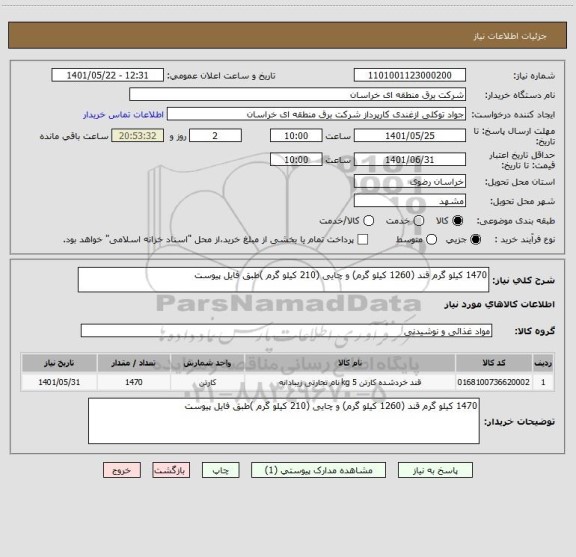 استعلام 1470 کیلو گرم قند (1260 کیلو گرم) و چایی (210 کیلو گرم )طبق فایل پیوست