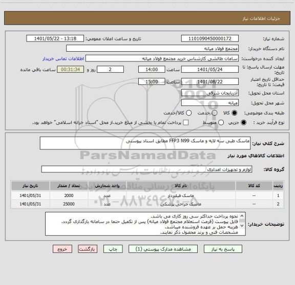 استعلام ماسک طبی سه لایه و ماسک FFP3 N99 مطابق اسناد پیوستی