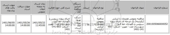 مناقصه، مناقصه عمومی همزمان با ارزیابی (یکپارچه) یک مرحله ای اجرای پروژه سرویس و نگهداری خط گرم - شهرستان تفت - مهریز - اشکذر- 603-141-1401