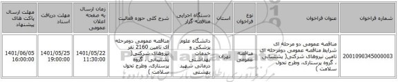 مناقصه، مناقصه عمومی دو مرحله ای شرایط مناقصه عمومی دومرحله ای تامین نیروهای شرکتی( پشتیبانی ، گروه پرستاری، وطرح تحول سلامت )