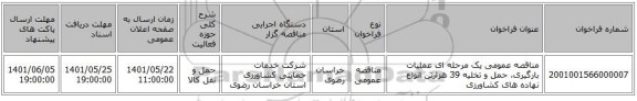 مناقصه، مناقصه عمومی یک مرحله ای عملیات بارگیری، حمل و تخلیه 39 هزارتن انواع نهاده های کشاورزی