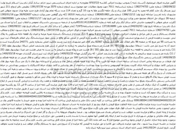  آگهی مزایده میزان 1/25 دانگ مشاع از ششدانگ یک قطعه آپارتمان مسکونی نوع ملک طلق به پلاک ثبتی 218729 فرعی از 4476 اصلی