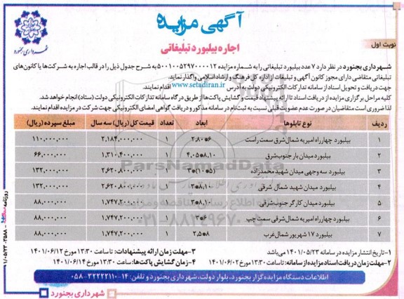 آگهی مزایده اجاره بیلبورد تبلیغاتی