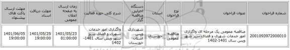 مناقصه، مناقصه عمومی یک مرحله ای واگذاری امور خدمات شهری و فضای سبز شهر ویس سال 1401-1402