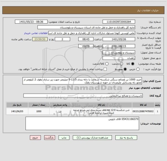 استعلام خرید 1000 تن مصالح سنگی شکسته آسفالت با دانه بندی 12/5-0 میلیمتر جهت زیر سازی بطول 2 کیلومتر از محور راه روستایی علیمردان در حوزه شهرستان زهک