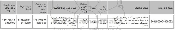 مناقصه، مناقصه عمومی یک مرحله ای تأمین خودروهای استیجاری مورد نیاز گمرک جمهوری اسلامی ایران سال 1400-1401