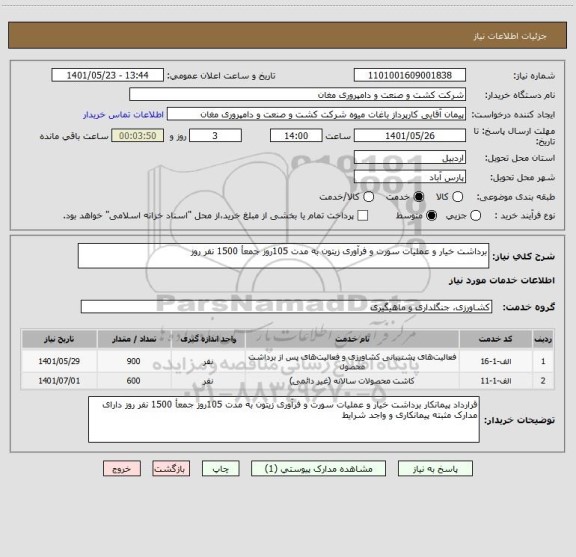 استعلام برداشت خیار و عملیات سورت و فرآوری زیتون به مدت 105روز جمعأ 1500 نفر روز