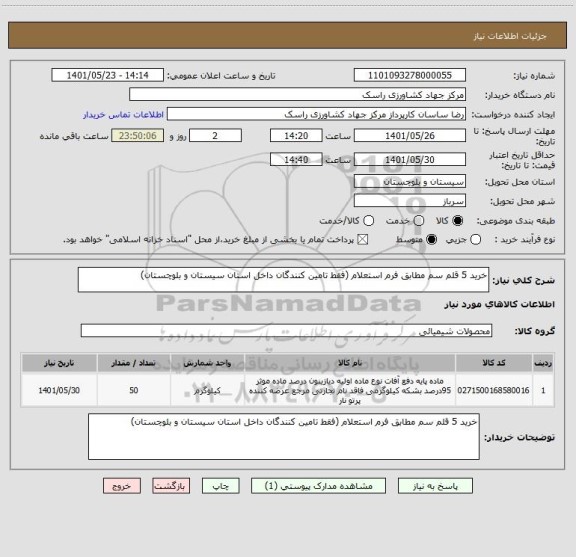 استعلام خرید 5 قلم سم مطابق فرم استعلام (فقط تامین کنندگان داخل استان سیستان و بلوچستان)