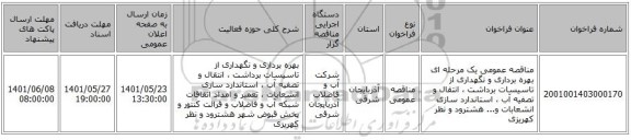 مناقصه، مناقصه عمومی یک مرحله ای بهره برداری و نگهداری از تاسیسات برداشت ، انتقال و تصفیه آب ، استاندارد سازی انشعابات و... هشترود و نظر کهریزی