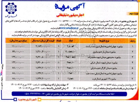 آگهی مزایده اجاره بیلبورد تبلیغاتی- نوبت دوم 