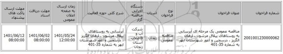 مناقصه، مناقصه عمومی یک مرحله ای آبرسانی به روستاهای ییلاق مرشون ، ارهان الگریز ، درسجین و آغور شهرستان ابهر به شماره 35-401