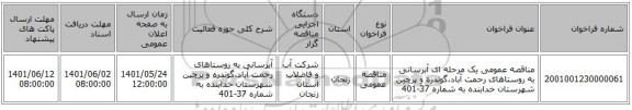 مناقصه، مناقصه عمومی یک مرحله ای آبرسانی به روستاهای رحمت آباد،گوندره و پرچین شهرستان خدابنده به شماره 37-401