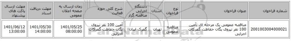 مناقصه، مناقصه عمومی یک مرحله ای تآمین 100 نفر نیروی یگان حفاظت گمرکات اجرایی