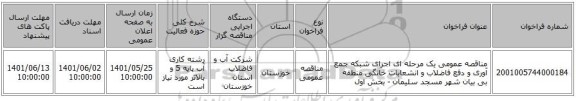 مناقصه، مناقصه عمومی یک مرحله ای اجرای شبکه جمع آوری و دفع فاضلاب و انشعابات خانگی منطقه بی بیان شهر مسجد سلیمان - بخش اول