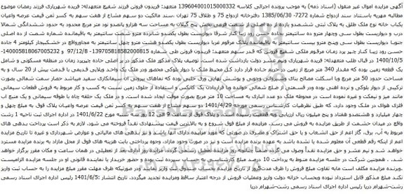 آگهی مزایده  عرصه واعیان یکباب خانه نوع ملک طلق به پلاک ثبتی ششصدو یازده از ده اصلی از شصت فرعی بخش پنج