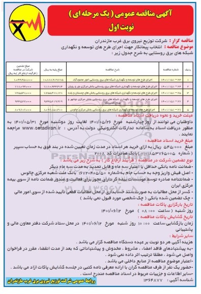 مناقصه انتخاب پیمانکار جهت اجرای طرح های توسعه و نگهداری شبکه های برق روستایی 