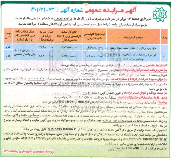 مزایده حق بهره برداری از تجاری ...