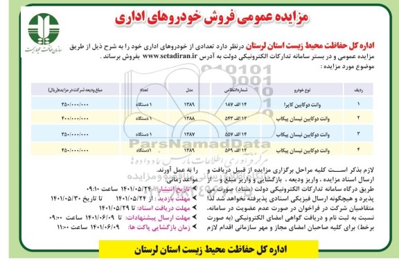 مزایده عمومی فروش خودروهای اداری 