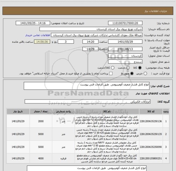 استعلام انواع کابل فشار ضعیف آلومینیومی  طبق الزامات فنی پیوست