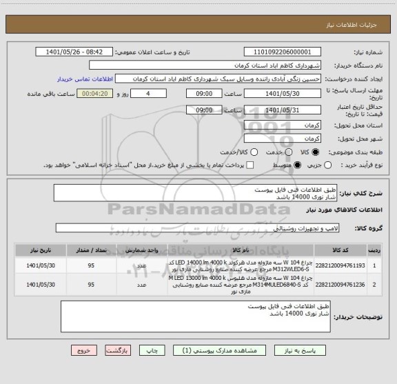 استعلام طبق اطلاعات فنی فایل پیوست
شار نوری 14000 باشد