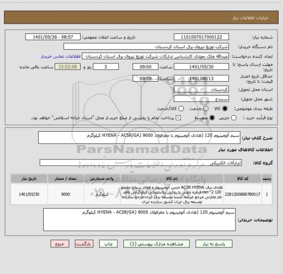 استعلام سیم  آلومینیوم  120 (هادی آلومینیوم با مغزفولاد HYENA - ACSR/GA) 9000 کیلوگرم