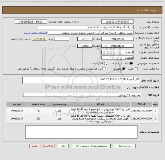 استعلام کابل آرموردار NAYRY 1*240-1*120