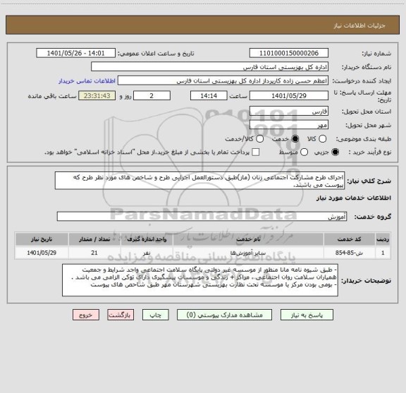 استعلام اجرای طرح مشارکت اجتماعی زنان (ماز)طبق دستورالعمل اجرایی طرح و شاخص های مورد نظر طرح که پیوست می باشند.