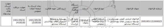 مناقصه، فراخوان ارزیابی کیفی بهسازی و توسعه سرویس های بهداشتی ایستگاه نیشابور