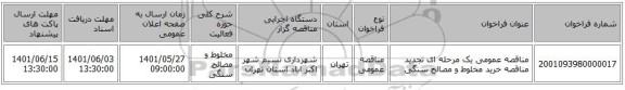 مناقصه، مناقصه عمومی یک مرحله ای تجدید مناقصه خرید مخلوط و مصالح سنگی