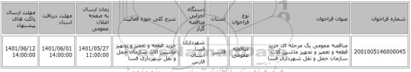 مناقصه، مناقصه عمومی یک مرحله ای خرید قطعه و تعمیر و تجهیز ماشین آلات سازمان حمل و نقل شهرداری فسا