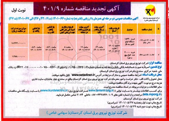 تجدید مناقصه خرید 15340 دستگاه انواع کنتور سه فاز و...