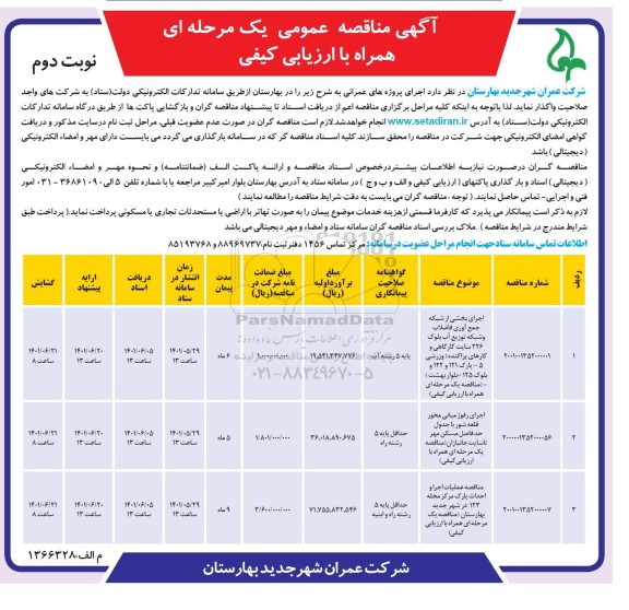 مناقصه اجرای بخشی از شبکه جمع آوری فاضلاب و شبکه توزیع آب  و...- نوبت دوم