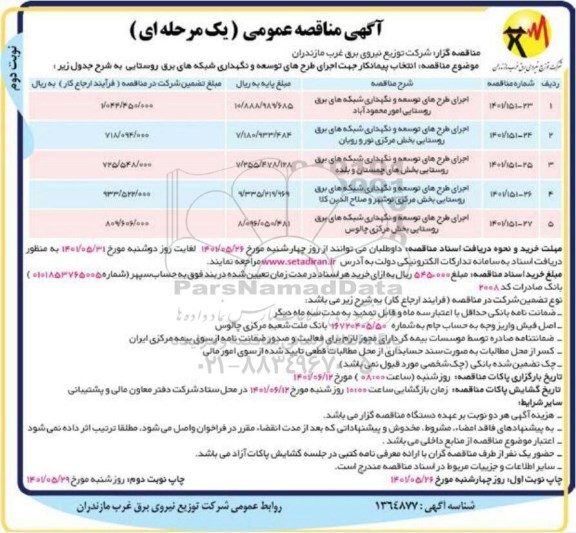 مناقصه انتخاب پیمانکار جهت اجرای طرح های توسعه و نگهداری شبکه های برق روستایی  نوبت دوم 