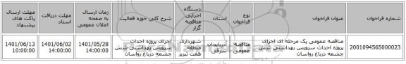 مناقصه، مناقصه عمومی یک مرحله ای اجرای پروژه احداث سرویس بهداشتی شش چشمه درباغ رواسان