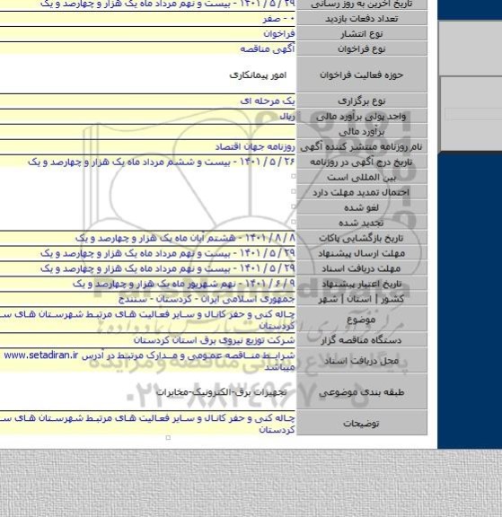 مناقصه, چاله کنی و حفر کانال و سایر فعالیت های مرتبط شهرستان های سطح استان کردستان