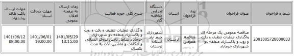 مناقصه، مناقصه عمومی یک مرحله ای واگذاری عملیات تنظیف و رفت و روب و پاکسازی منطقه دو شهرداری خرمآباد