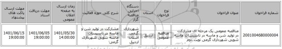 مناقصه، مناقصه عمومی یک مرحله ای مشارکت در تولید شن و ماسه در تاسیسات ماسه شویی شهرداری گرمی نوبت دوم