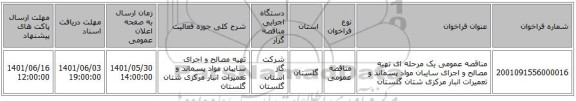 مناقصه، مناقصه عمومی یک مرحله ای تهیه مصالح و اجرای سایبان مواد پسماند و تعمیرات انبار مرکزی شتان گلستان