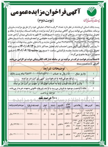 مزایده فروش تعداد 3 رقبه املاک تملیکی 