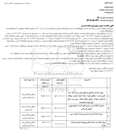 مناقصه، مناقصه پروژه احداث و تکمیل پارکهای توان ، یاس....