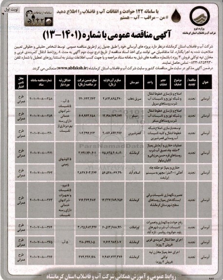 مناقصه اصلاح و بازسازی خطوط انتقال و شبکه  و...