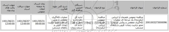 مناقصه، مناقصه عمومی همزمان با ارزیابی (یکپارچه) یک مرحله ای عملیات لکه‌گیری مقطعی و روکش آسفالت محور ترانزیت زنجان- قزوین و راه‌های منشعب