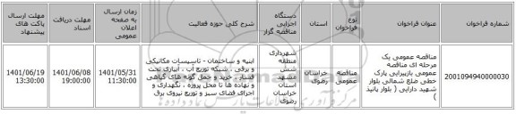 مناقصه، مناقصه عمومی یک مرحله ای مناقصه عمومی بازپیرایی پارک خطی ضلع شمالی بلوار شهید دارایی ( بلوار پانیذ )