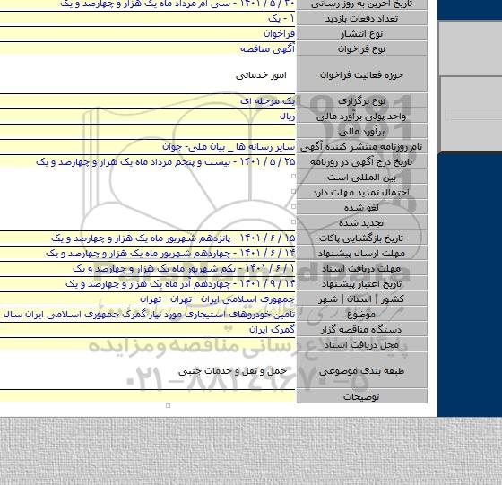 مناقصه, تامین خودروهای استیجاری مورد نیاز گمرک جمهوری اسلامی ایران سال ۱۴۰۱