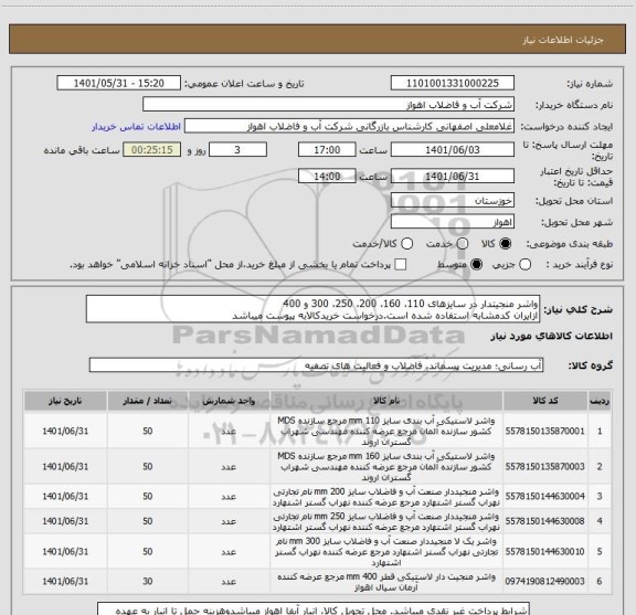 استعلام واشر منجیتدار در سایزهای 110، 160، 200، 250، 300 و 400
ازایران کدمشابه استفاده شده است.درخواست خریدکالابه پیوست میباشد