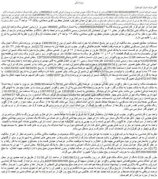 مزایده فروش شش دانگ اعیان یک دستگاه آپارتمان مسکونی (طلق با عرصه وقف) قطعه  هشتم تفکیکی 