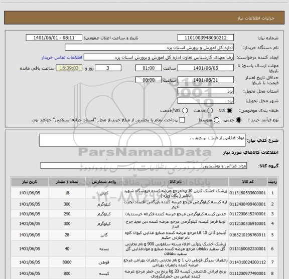 استعلام مواد غذایی از قبیل: برنج و....