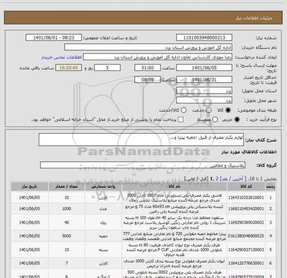 استعلام لوازم یکبار مصرف از قبیل :جعبه پیتزا و...